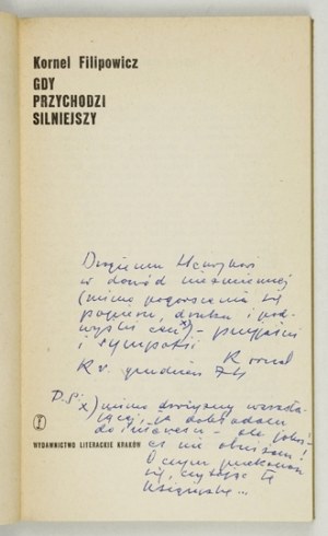 FILIPOWICZ K. - Gdy przychodzi silniejszy. 1974. Dedykacja i rysunek autora.