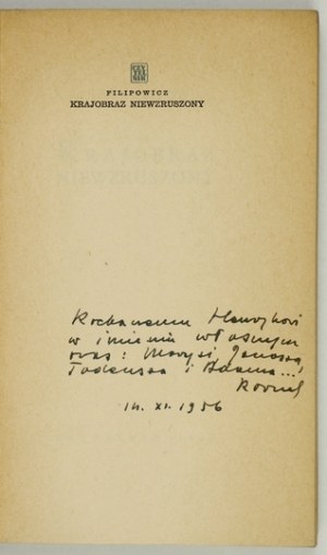 FILIPOWICZ K. - Krajobraz niewzruszony. 1956. Dedykacja autora.