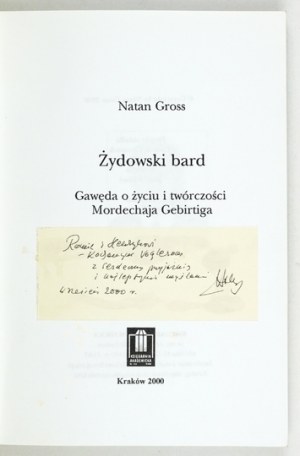 GROSS N. - Bardo ebreo. 2000. dedica dell'autore.