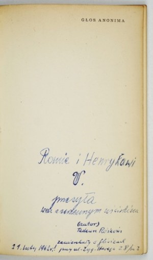 RÓŻEWICZ H. - Hlas anonyma. 1961. věnování a dopis autora.