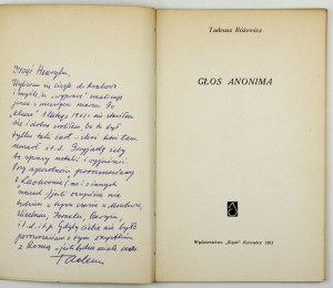 RÓŻEWICZ H. - La voce dell'anonimo. 1961. dedica e lettera dell'autore.