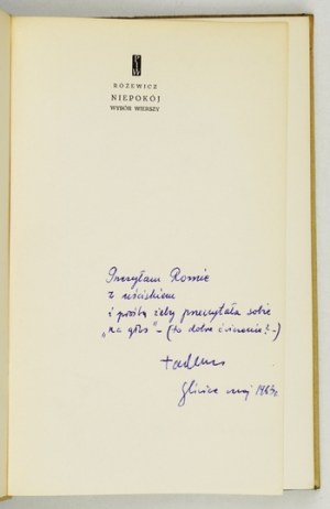 RÓZEWICZ T. - Niepokój. 1963. Dedykacja autora.