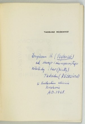 RÓŻEWICZ T. - Selected Poems. 1967. dedication by the author.