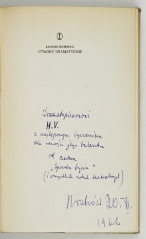 RÓŻEWICZ T. - Opere drammatiche. 1966. dedica dell'autore.