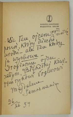 SAMOZWANIEC M. - Sang bleu. 1954. dédicace de l'auteur.