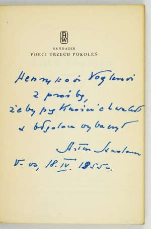 SANDAUER A. - Básnici troch generácií. 1955. venovanie autora.