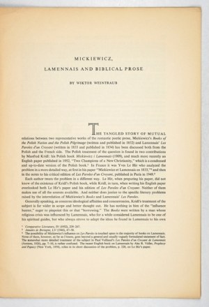 WEINTRAUB Victor - Mickiewicz, Lamennais and Biblical Prose. [The Hague] 1956 [Mouton]. 4, pp. [644]-652. brochure....