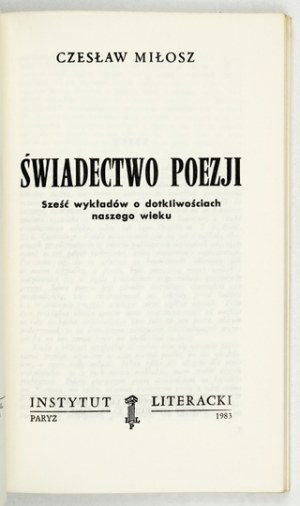 C. MIŁOSZ. - Świadectwo poezji. 1983. Wyd. I.