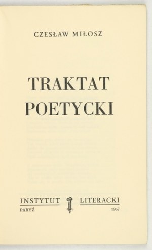 C. MILLOSZ - Poetic Treatise. 1957. first book edition.