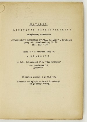 Vente aux enchères bibliophiliques. Catalogue 6, Cracovie 1959.