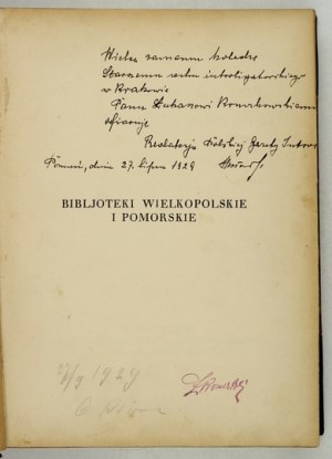 Bibliot. wielkopolskie i pomorskie. 1929. Dedykacja dla Ł. Kruczkowskiego - introligatora.