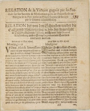 SCHULENBURG [Johann Mathias] - Relation de la Victoire gagnée par les Suedois sur les Saxons & Moscovites prés de Frauns....