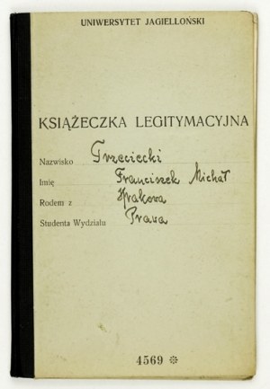 [LAW]. Podpisy profesorov-právnikov Jagelovskej univerzity v indexe študenta Právnickej fakulty, l. 1945-....