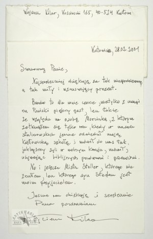 [KILAR Wojciech]. Handwritten letter by Wojciech Kilar, dated. 28 II 2001 in Katowice, Poland.