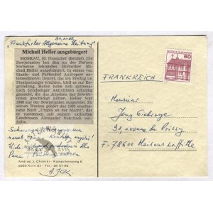 [GIEDROYĆ Jerzy - korespondencja do redaktora]. Karta pocztowa do J. Giedroycia z wycinkiem prasowym i krótkim listem od...