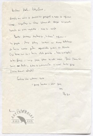 Einseitiger Brief von Z. Herbert an Z. Najder, datiert. 15 II 1966 in Wien.