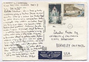 Postkarte von Zbigniew Herbert an Zdzisław Najder, 1966.