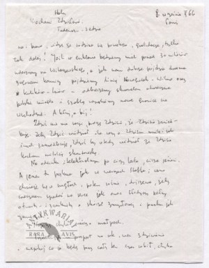 A two-page letter from Z. Herbert to Z. Najder, dated. September 8, 1966 in Paris.