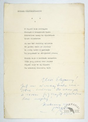 (MILCZEWSKI-BRUNO Ryszard). Typoskript eines Gedichtes von Ryszard Bruno-Milczewski mit einer kurzen handschriftlichen Notiz des Autors.