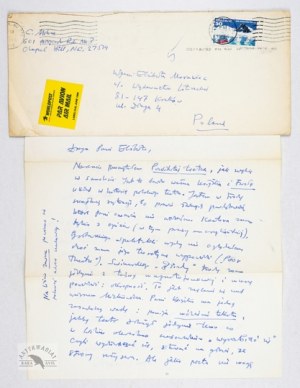 Lettre manuscrite de Czesław Miłosz à Elżbieta Morawiec, datée du. 17 III 1992 à Berkeley.