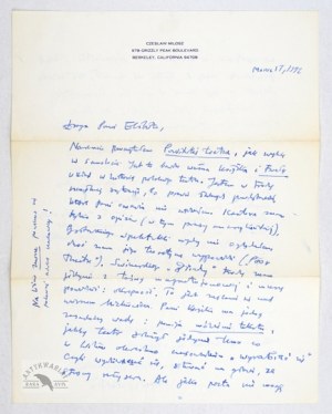 Lettre manuscrite de Czesław Miłosz à Elżbieta Morawiec, datée du. 17 III 1992 à Berkeley.