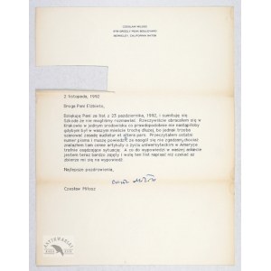 List C. Miłosza (wydruk komputerowy) z jego podpisem, dat. 2 XI 1992 w Berkeley.