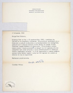 Lettera di C. Milosz (stampa al computer) con la sua firma, datata. 2 XI 1992 a Berkeley.