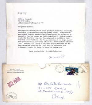 Lettera di C. Milosz (stampa al computer) con la sua firma, datata. 5 dicembre 1992 a Berkeley.