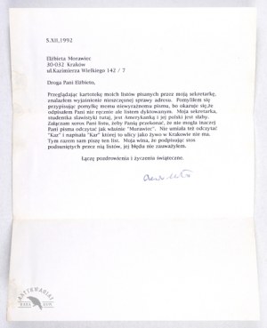 List C. Miłosza (wydruk komputerowy) z jego podpisem, dat. 5 XII 1992 w Berkeley.