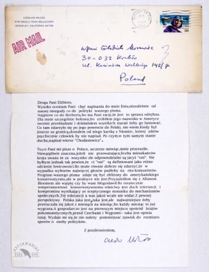 Letter from C. Milosz (computer printout) with his signature, unflattering about Herbert.
