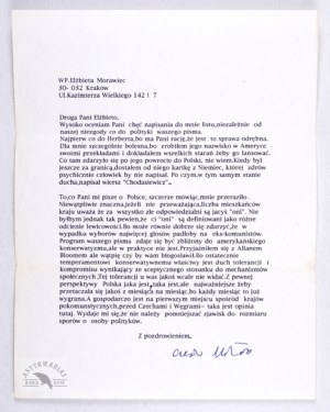 Letter from C. Milosz (computer printout) with his signature, unflattering about Herbert.