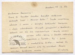 Szymborska W. - Patchwork and handwritten letter dated December 1983.