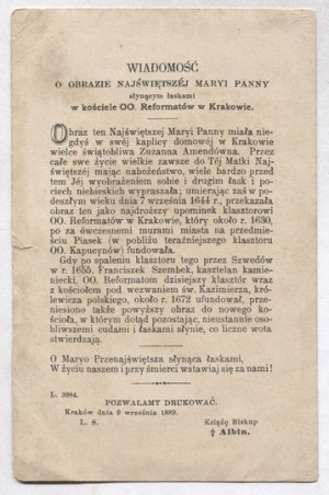 OBRAZ N. Panny Marie proslulý milostí v kostele O. Reformati v Krakově. 1889.