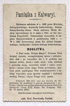 ZÁZRAČNÝ OBRAZ MATKY BOŽEJ v Kalwarii Zebrzydowskej korunovaný 15. augusta 1887. [nie pred rokom 1890].