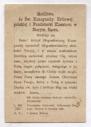 MEMORIAL du six centième anniversaire de la mort bénie + 1292-1892 de Sainte Kunegunda, Reine de Pologne et Prêtresse de Staro...