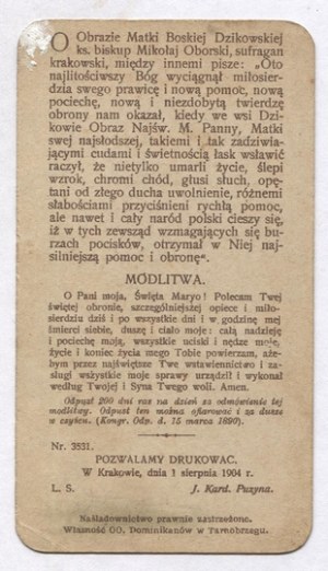 ERINNERUNG an die Krönung des wundertätigen Bildes der Muttergottes von Dzikowska am 8. September 1904....