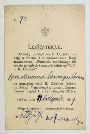 [LWÓW, Ausweis]. Legitimation für die Verleihung eines Gedenkabzeichens an Leutnant Adam Łowczyński II....