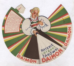 [DAIMON, baterie - reklama przestrzenna]. Baterie, latarki, żarówki Daimon. [193-?].