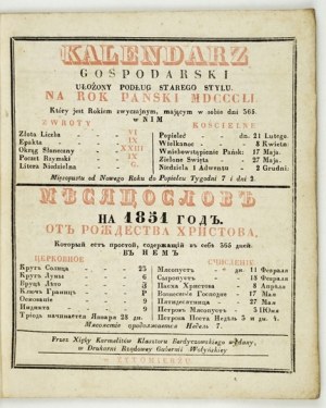 CALENDARIO agricolo per l'anno 1851, Zhytomyr.