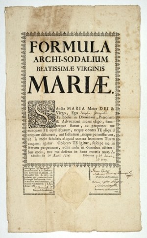 FORMULA archi-sodalium Beatissime Virginis Mariae [...]. Resovia, 28 III 1778 [Subp.].