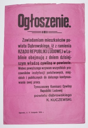 Prise de pouvoir dans le district de Dąbrowa par le commissaire de la République populaire. Dąbrowa Górn....