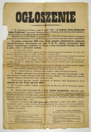 Octroi de terres dans les zones frontalières aux soldats de l'armée polonaise participant à la guerre polono-bolchevique....