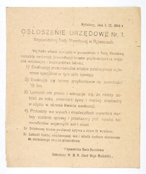 Rozhodnutí o evakuaci obcí ve frontové oblasti Swietokrzyskie. Rytwiany, 3. září 1944.