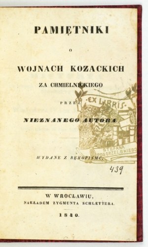 MEMOIRES des guerres cosaques sous Khmelnytsky. 1840.