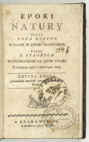 BUFFON G. L. - Epochs of nature. Translated by S. Staszic. 1803.