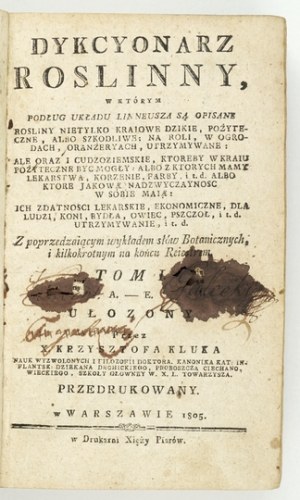 KLUK K. - Dykcyonarz roslinny. T. 1-3. 1803-1805.