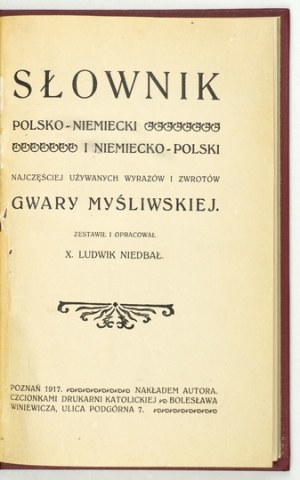 NIEDBAŁ L. - Dictionary of Polish-German. and German-Polish hunting dialects. 1917.