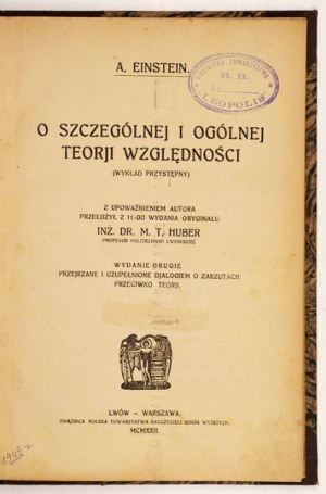 EINSTEIN Albert - O špeciálnej a všeobecnej teórii relativity. (prístupná prednáška)...