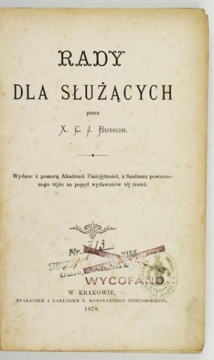 BUSSON C. - Ratschläge für Bedienstete. 1878.