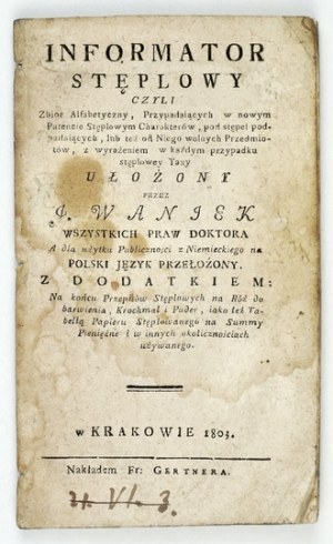 WANIEK I. - Informator stęplowy. Krakov 1803.